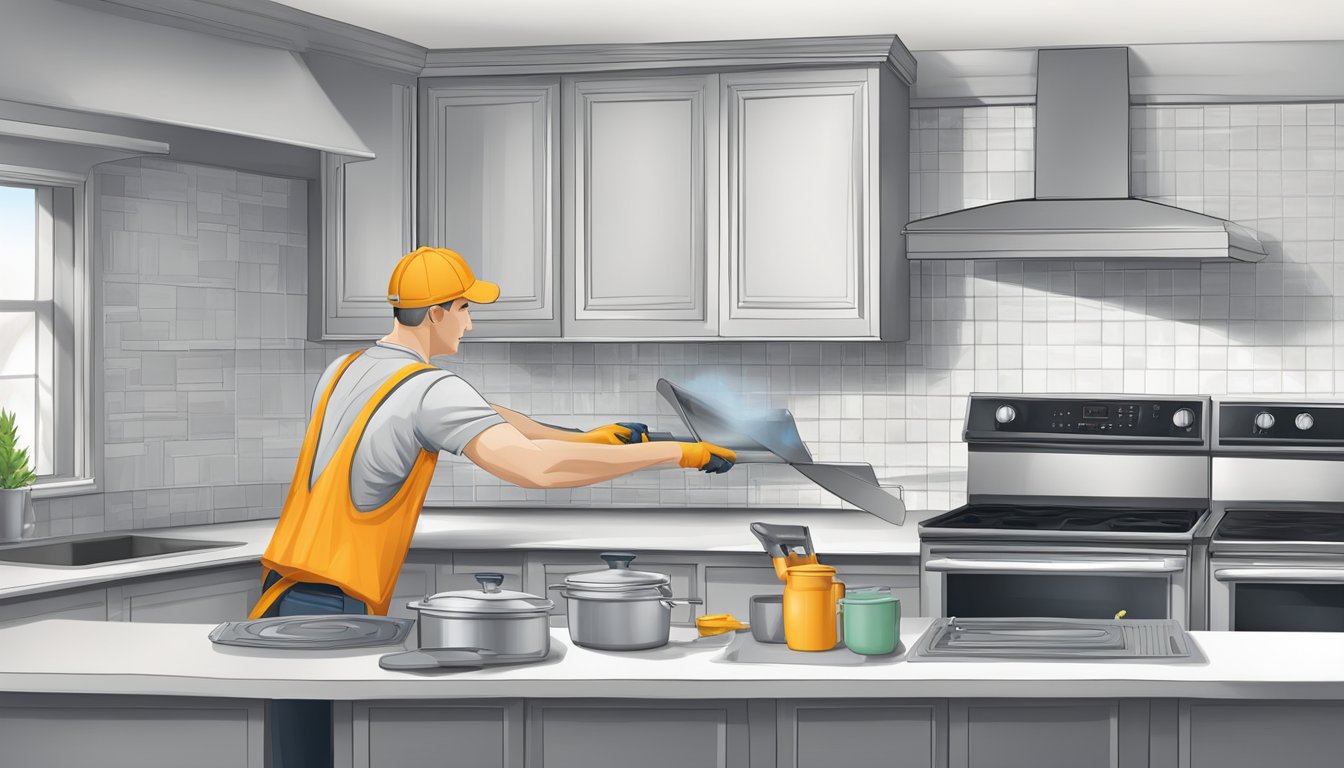 A person installs and maintains a range hood, using tools and following instructions