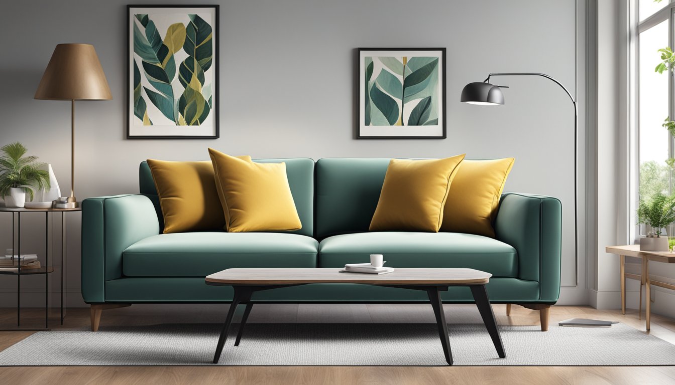 A modern 2-seater sofa in a stylish living room, with a sleek design and comfortable cushions