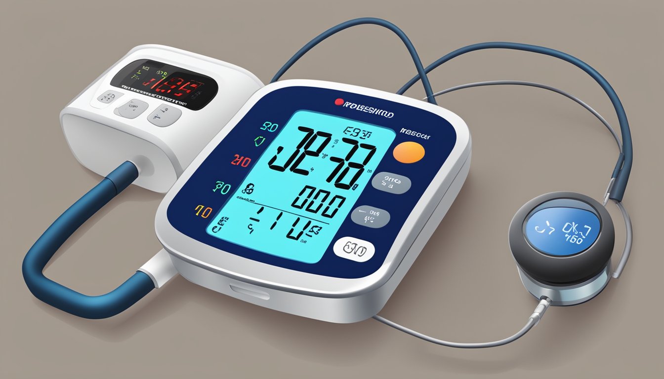 A digital device displays heart rate and blood pressure readings