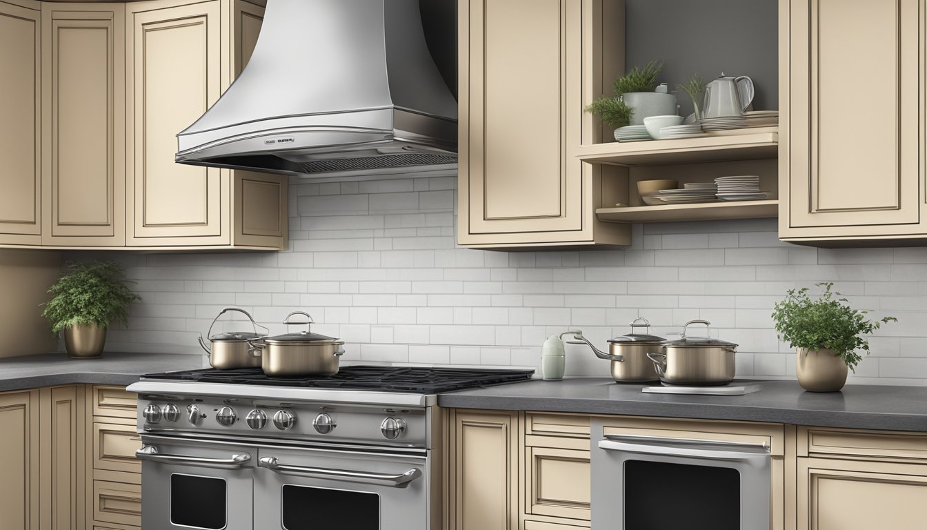 A sleek, modern range hood hovers above a stove, with steam rising from a pot below. The hood is adorned with buttons and lights, adding a touch of sophistication to the kitchen
