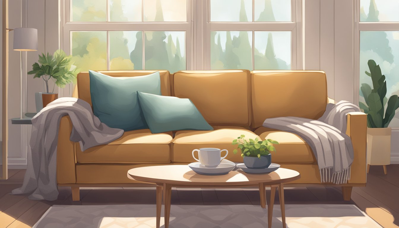 A cozy couch sits in a sunlit room, adorned with soft pillows and a warm throw blanket