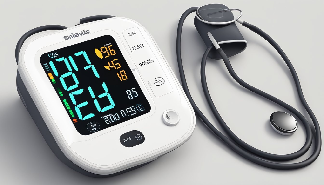 A person's blood pressure and heart rate being monitored with a digital device on a clean, white background