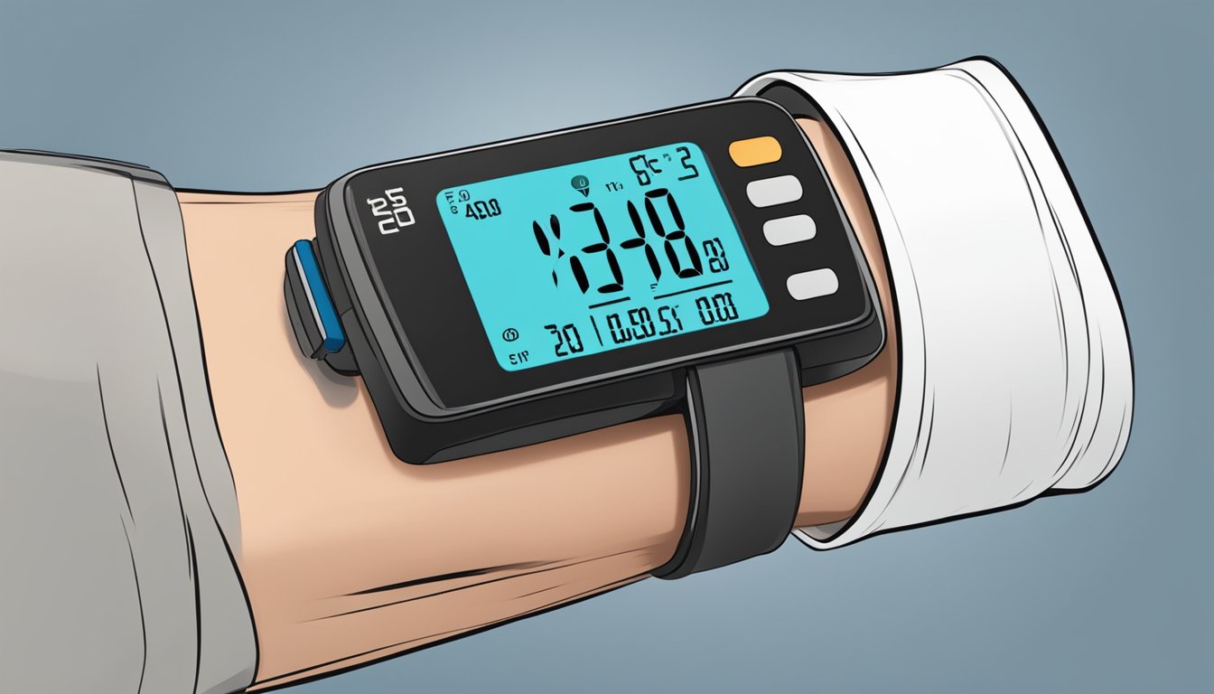 Heart rate monitor displaying fluctuating beats, and blood pressure cuff tightening around arm