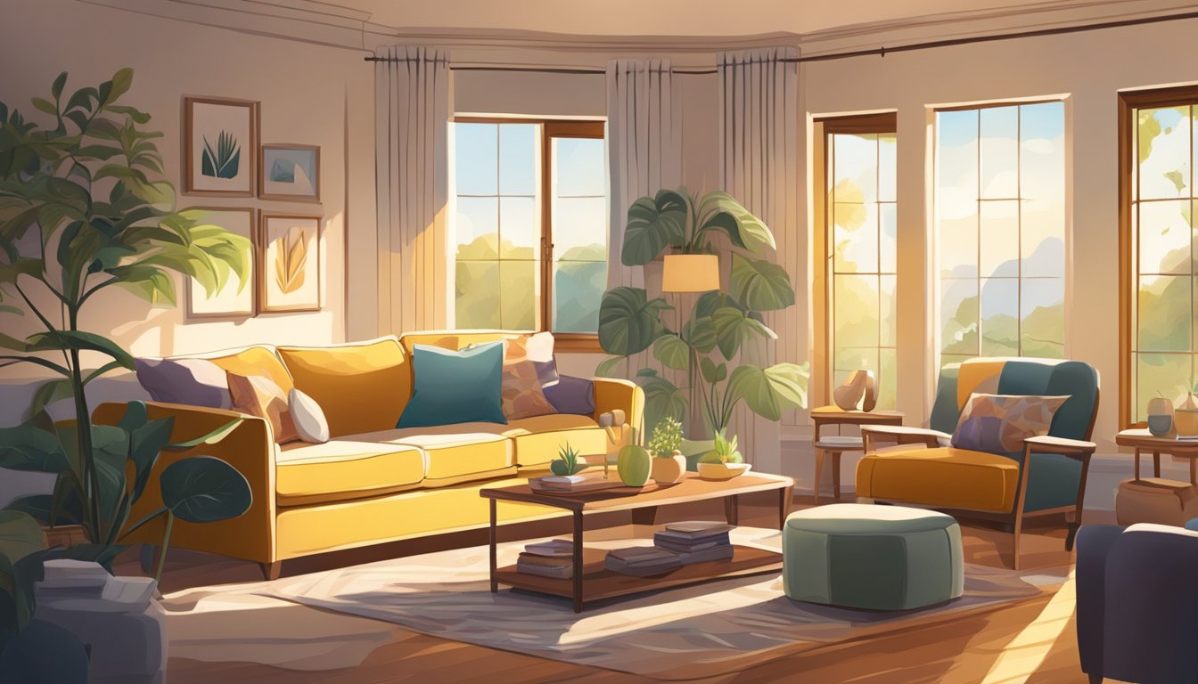 A cozy living room with a plush sofa as the focal point, bathed in warm sunlight streaming through the window