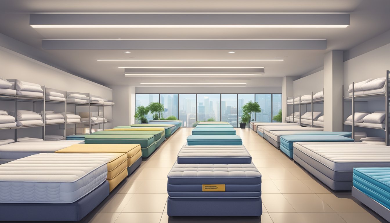 A brightly lit showroom displays rows of discounted mattresses in Singapore