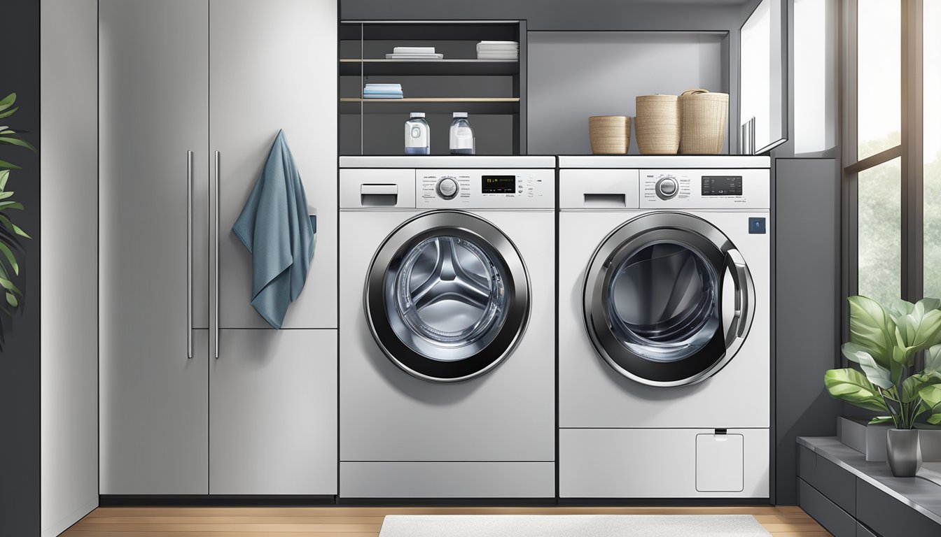 A washing machine and dryer in a modern Singaporean home, with sleek, stainless steel surfaces and digital control panels