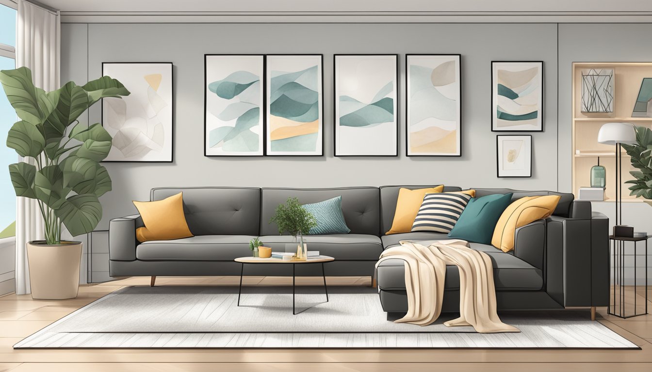 A modern couch sits in a well-lit living room, surrounded by stylish decor and soft, cozy throw pillows
