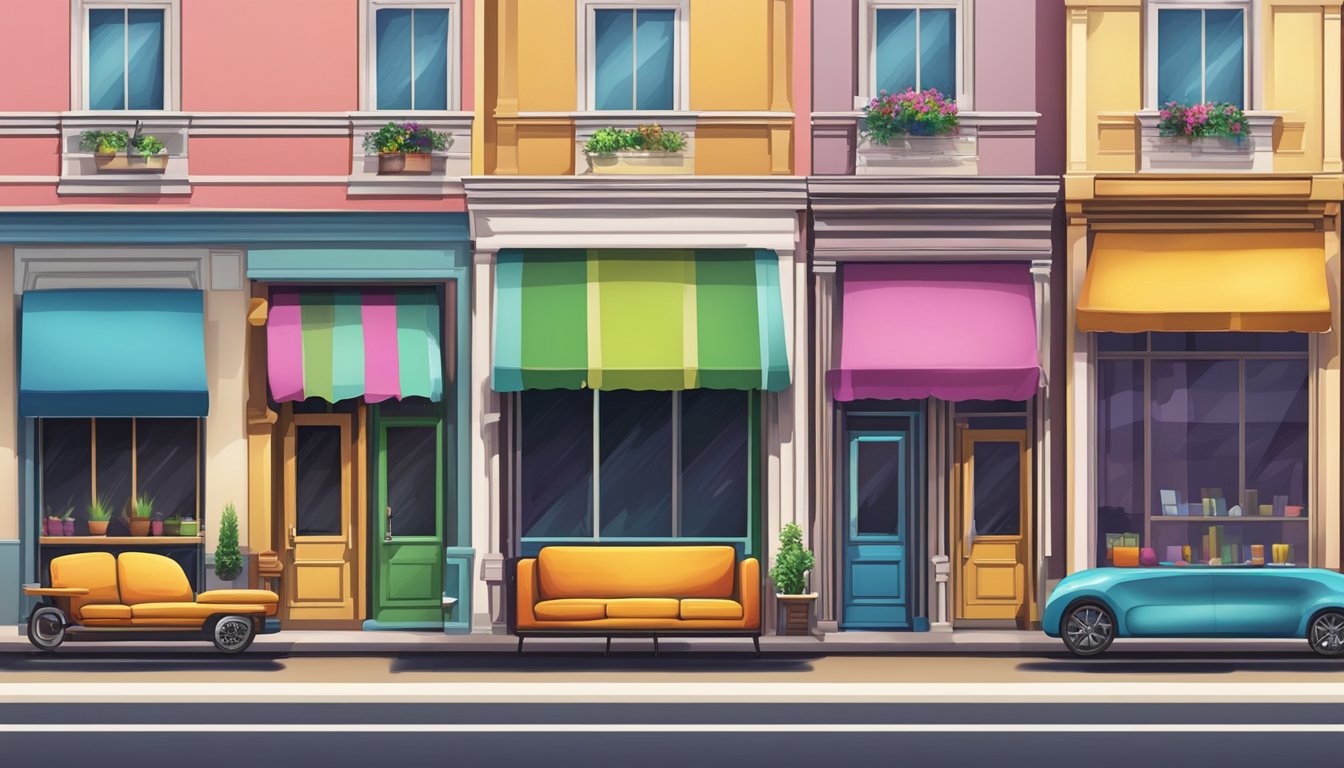 A row of furniture stores line the street, their colorful signs and large windows displaying a variety of sofas, tables, and chairs