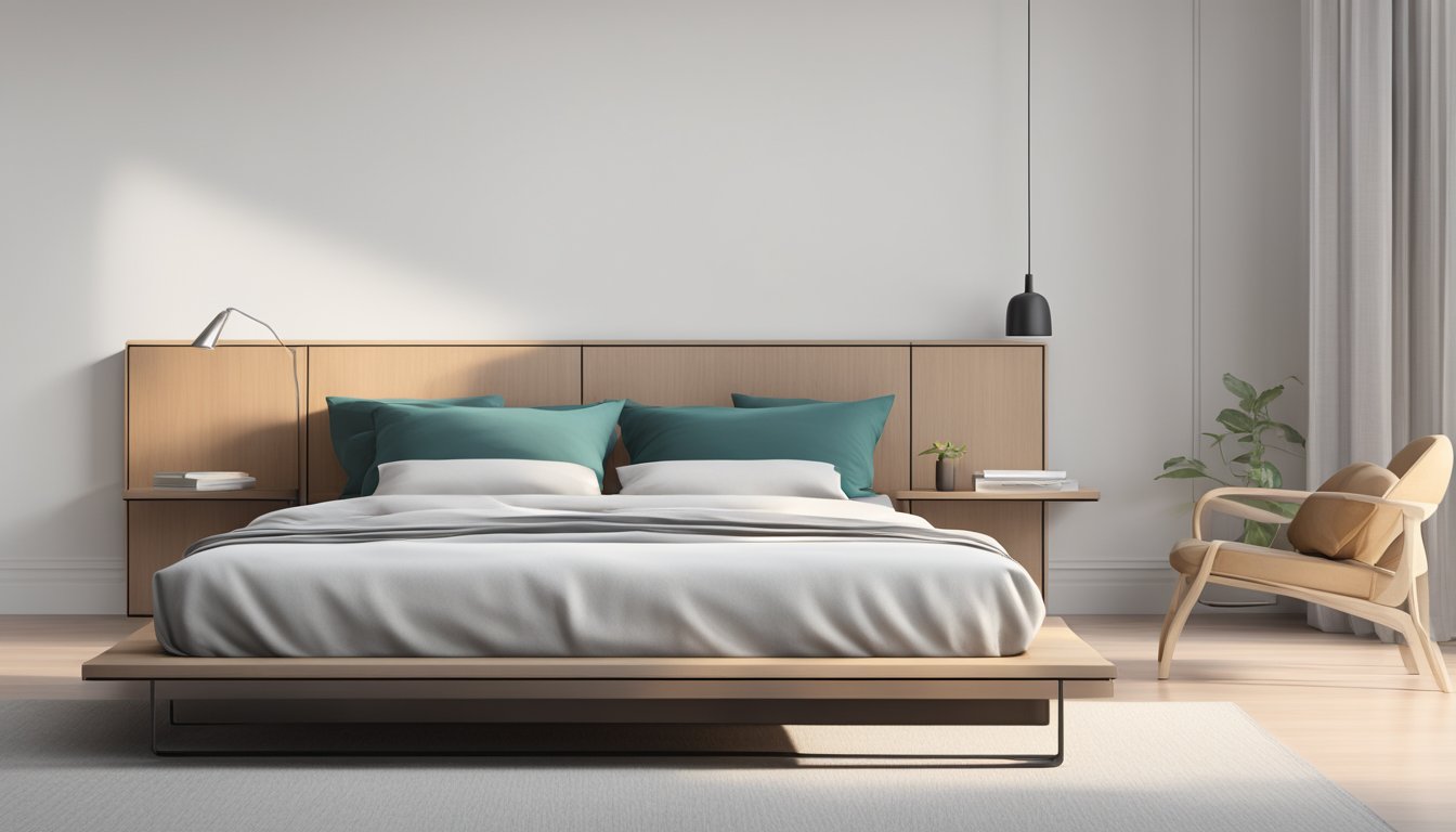 A platform bed sits against a white wall with a minimalistic design. The bed is low to the ground with a sleek, modern frame and no visible legs