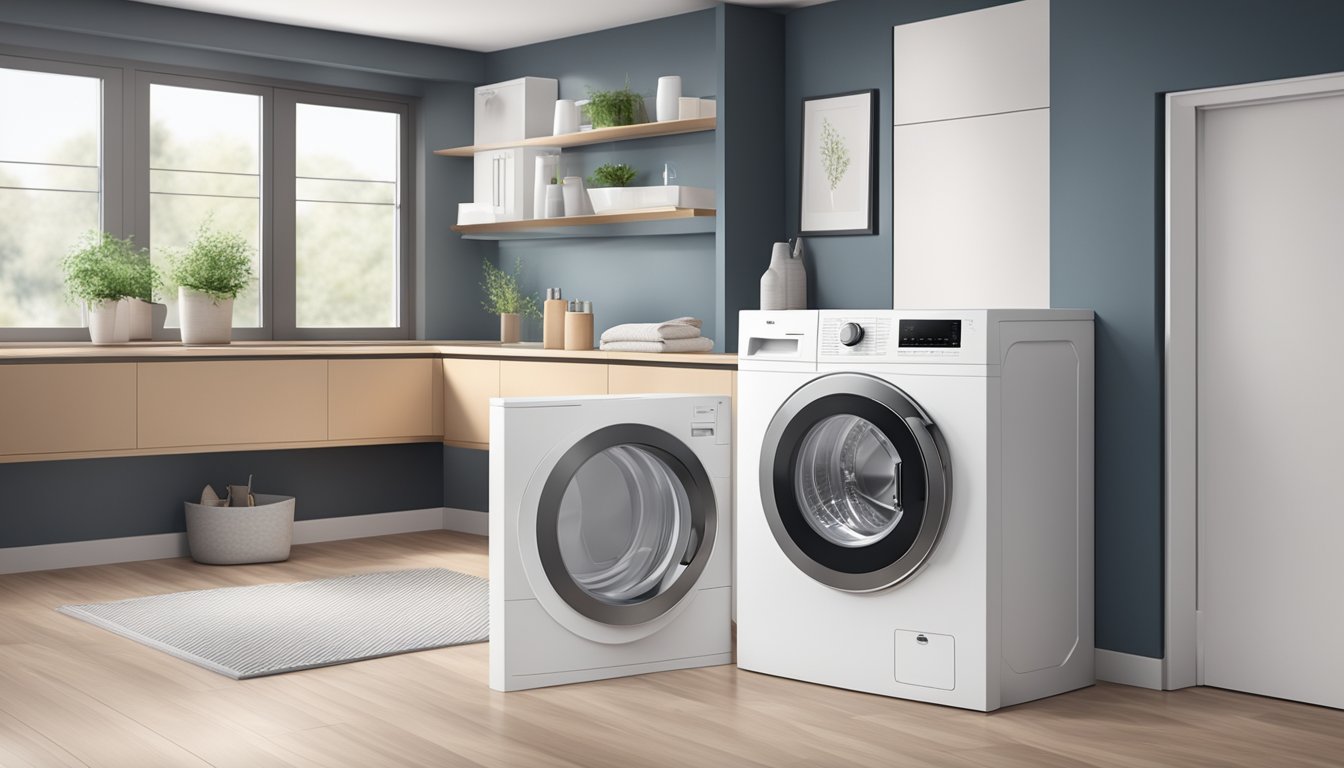 A sleek, modern washing machine with a built-in dryer, featuring advanced technology and innovative design, stands in a spacious, well-lit laundry room