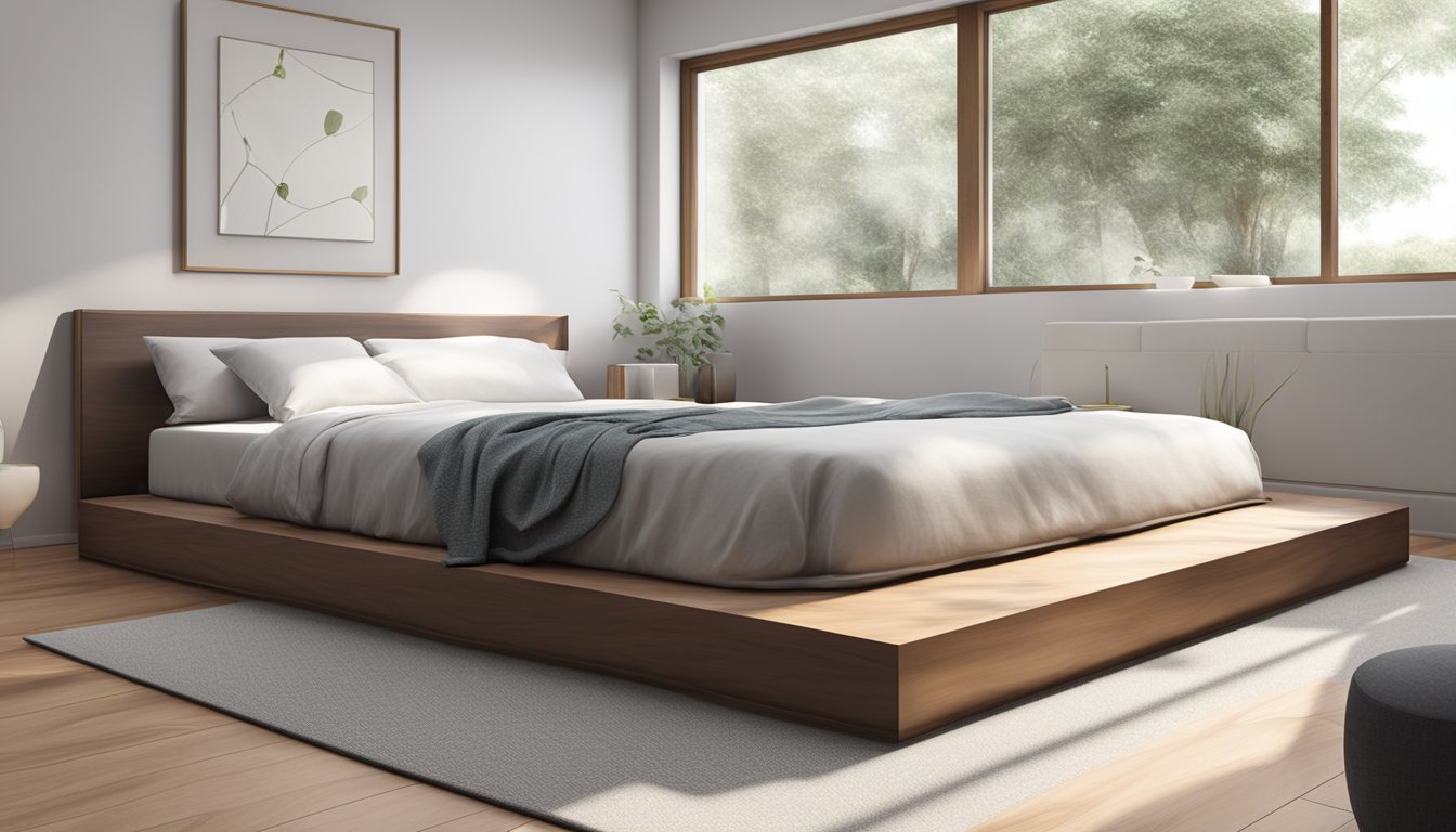 A minimalist platform bed with a sleek, wooden frame and a low-profile design. The bed is adorned with crisp, white linens and a few decorative pillows for a modern and inviting look