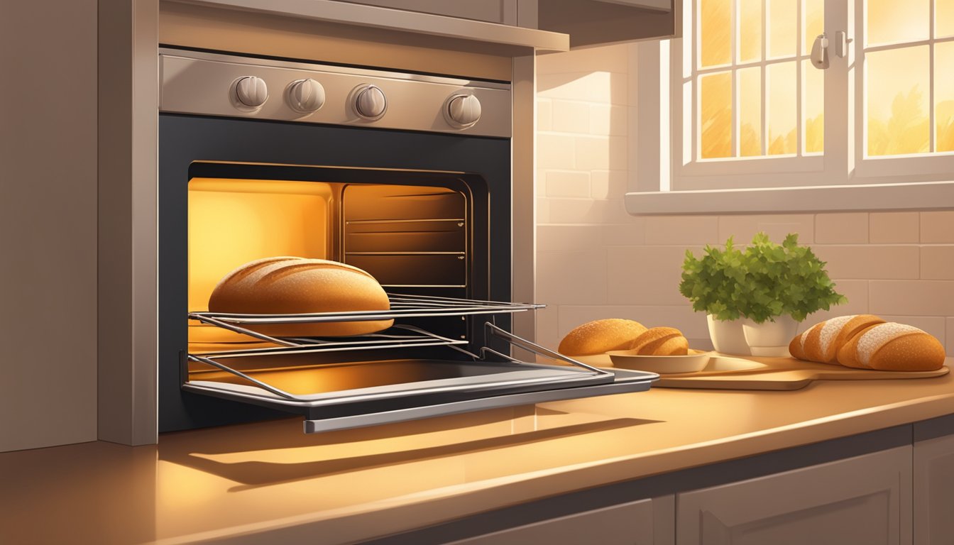 An oven door is open, revealing a golden-brown loaf of bread baking inside. The warm glow of the oven illuminates the surrounding kitchen