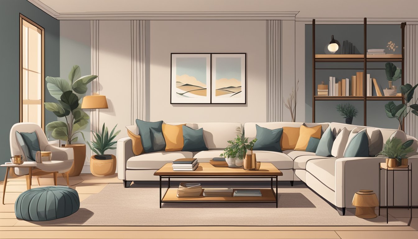 A cozy living room with a plush sofa, soft throw pillows, and a stylish coffee table. Warm lighting and a neutral color palette create a welcoming atmosphere