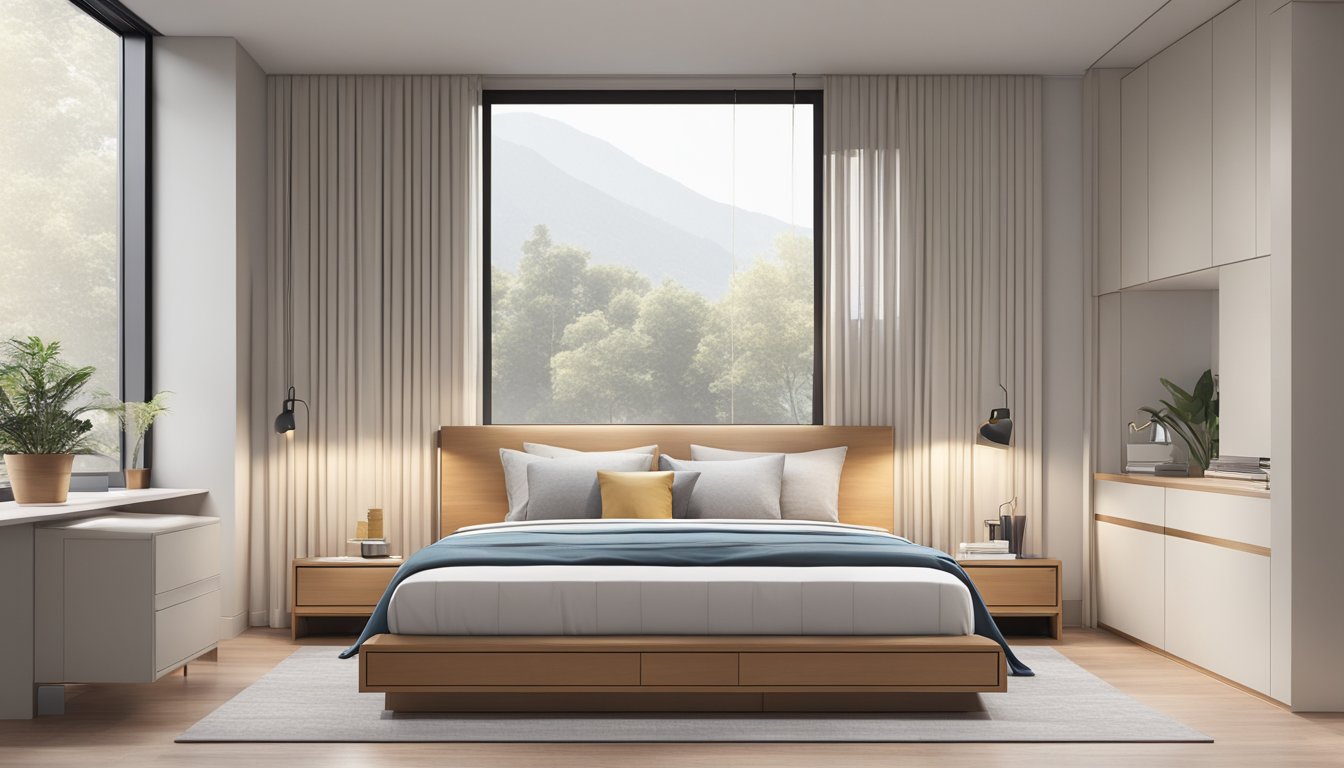 A minimalist bedroom with a sleek platform bed, clean lines, and storage compartments underneath