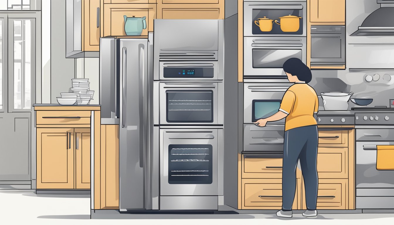 A person selecting an oven from a variety of options, with a focus on features like temperature control and baking settings