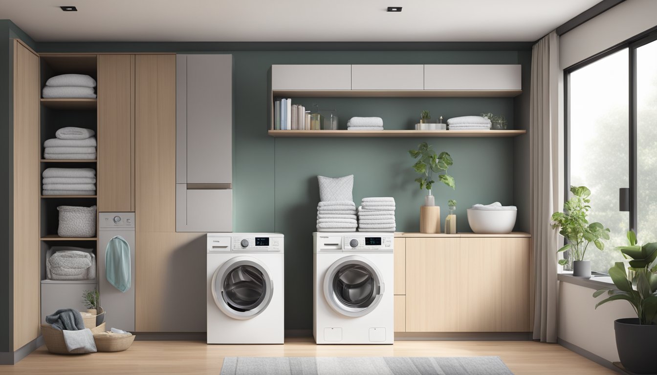 A modern washing machine with a built-in dryer in a sleek Singaporean home, surrounded by neatly folded laundry and detergent