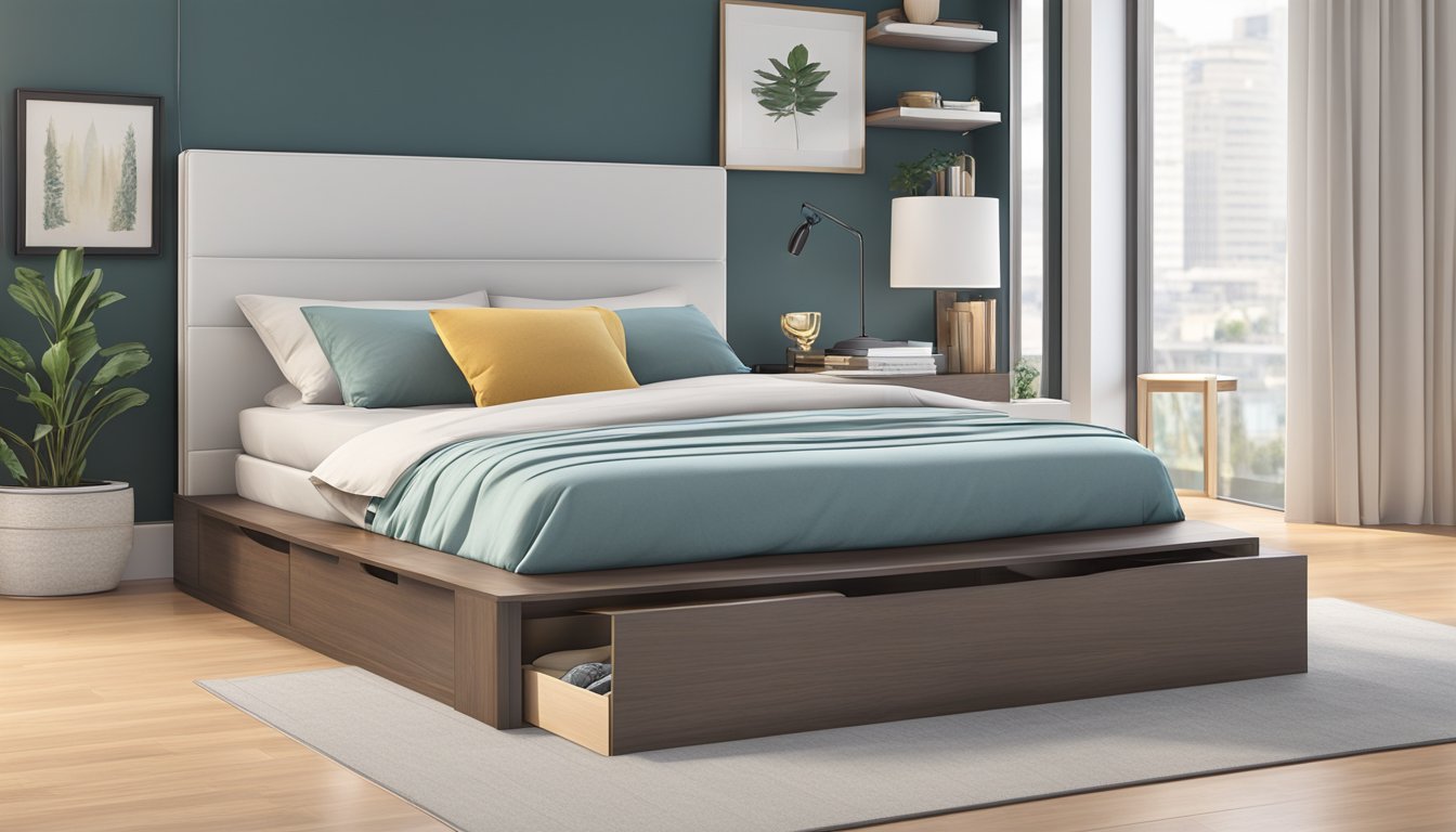 A platform bed with sleek, low-profile design and built-in storage. Clean lines and minimalistic style