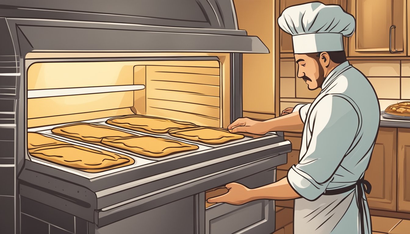 A chef places a tray of dough into a preheated oven for baking. The oven emits a warm glow as the dough begins to rise and turn golden brown