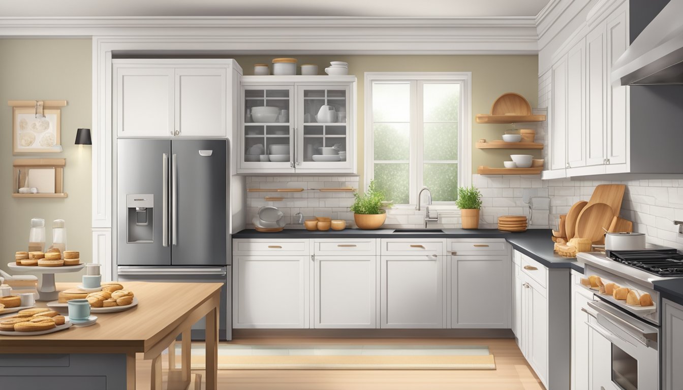 A modern kitchen with an open oven door, displaying a tray of baked goods inside, surrounded by a clean and organized countertop with baking ingredients and utensils neatly arranged