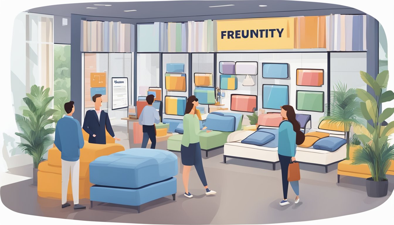 A bustling mattress showroom with colorful displays and a prominent "Frequently Asked Questions" sign. Customers browse and chat with sales staff