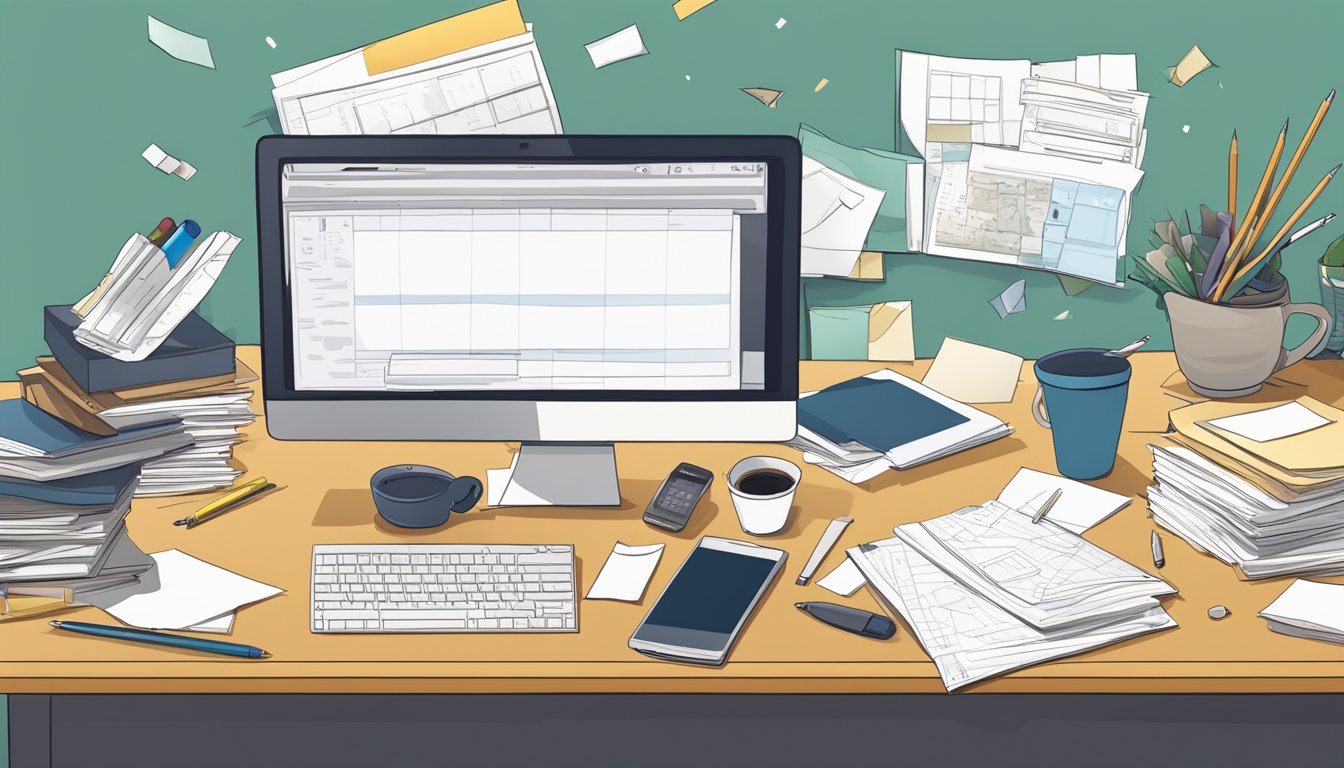 A cluttered desk with scattered papers and pens, a computer monitor, and a half-empty coffee cup