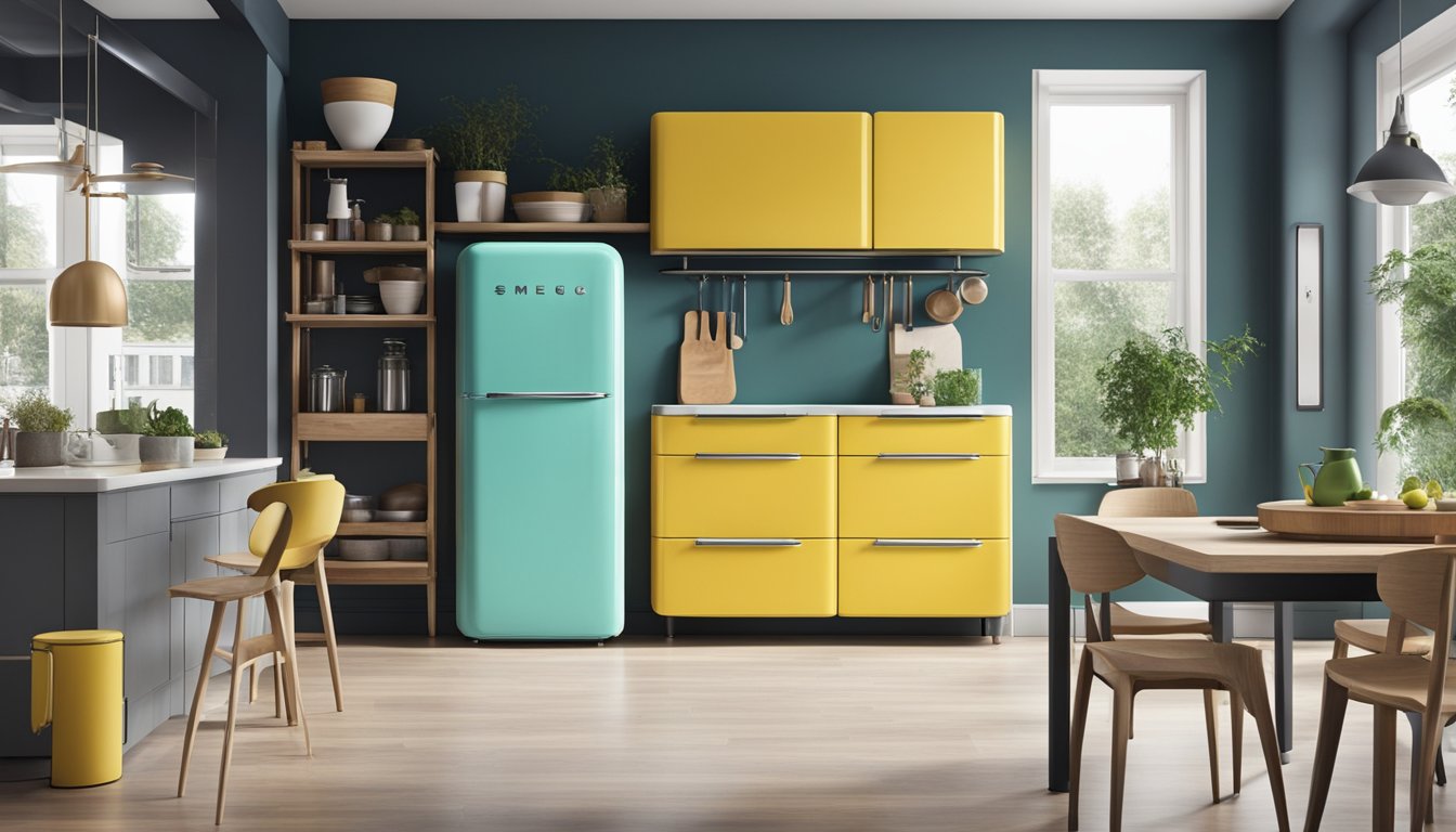 A sleek Smeg fridge stands in a modern kitchen, its vibrant color and retro design adding a pop of style to the space