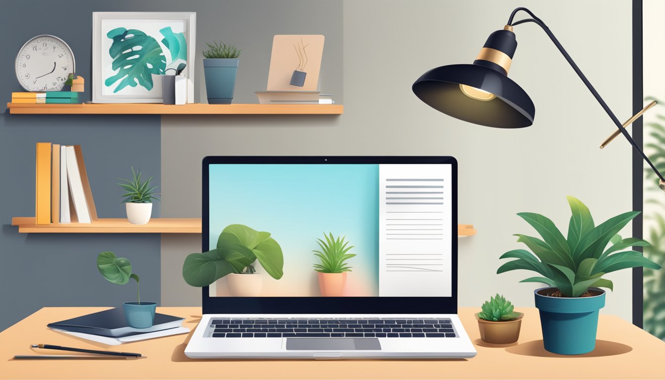 A clutter-free desk with a sleek laptop, a potted plant, a stylish desk lamp, and a few neatly arranged stationery items