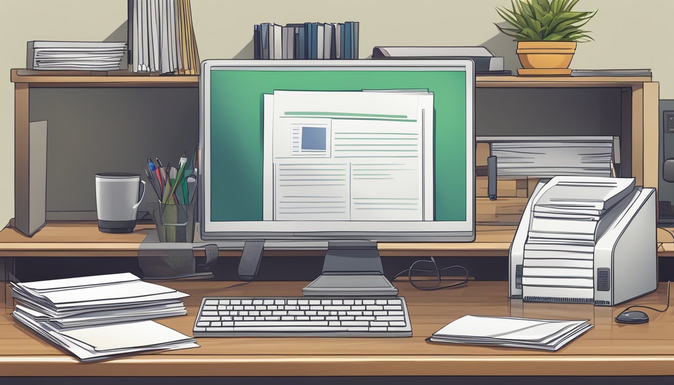 A desk with a sign reading "Frequently Asked Questions" and a stack of papers and a computer monitor on top