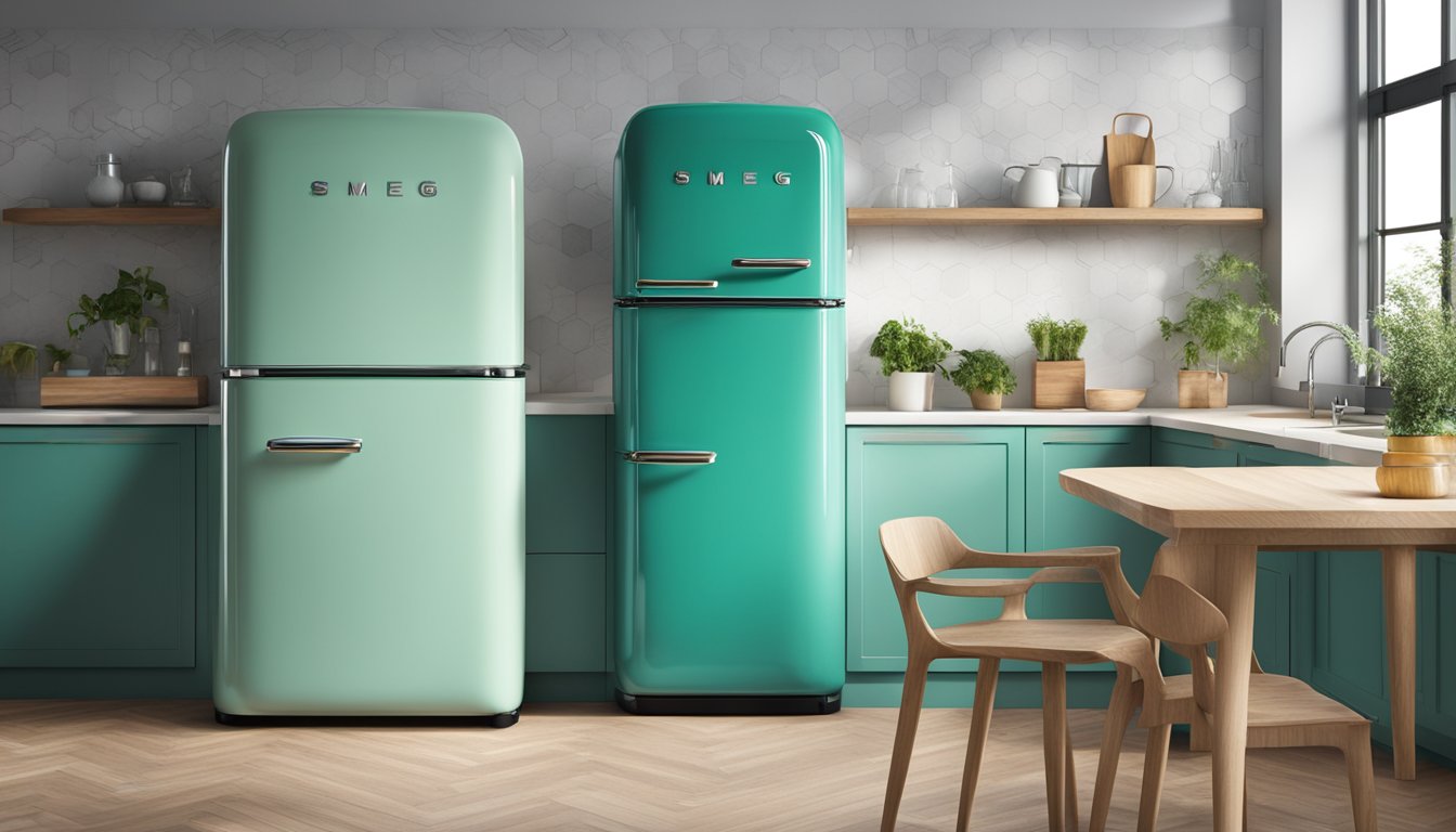 A sleek Smeg fridge stands as a centerpiece in a modern kitchen, with its retro-inspired design and vibrant color adding a pop of style to the space