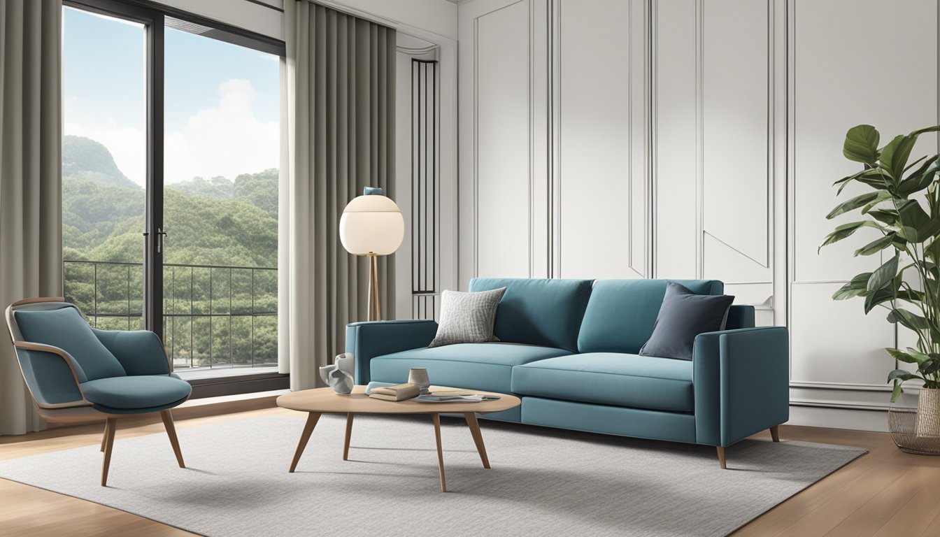 A modern sofa sits in a well-lit living room in Singapore. The sofa is sleek and comfortable, with clean lines and soft cushions