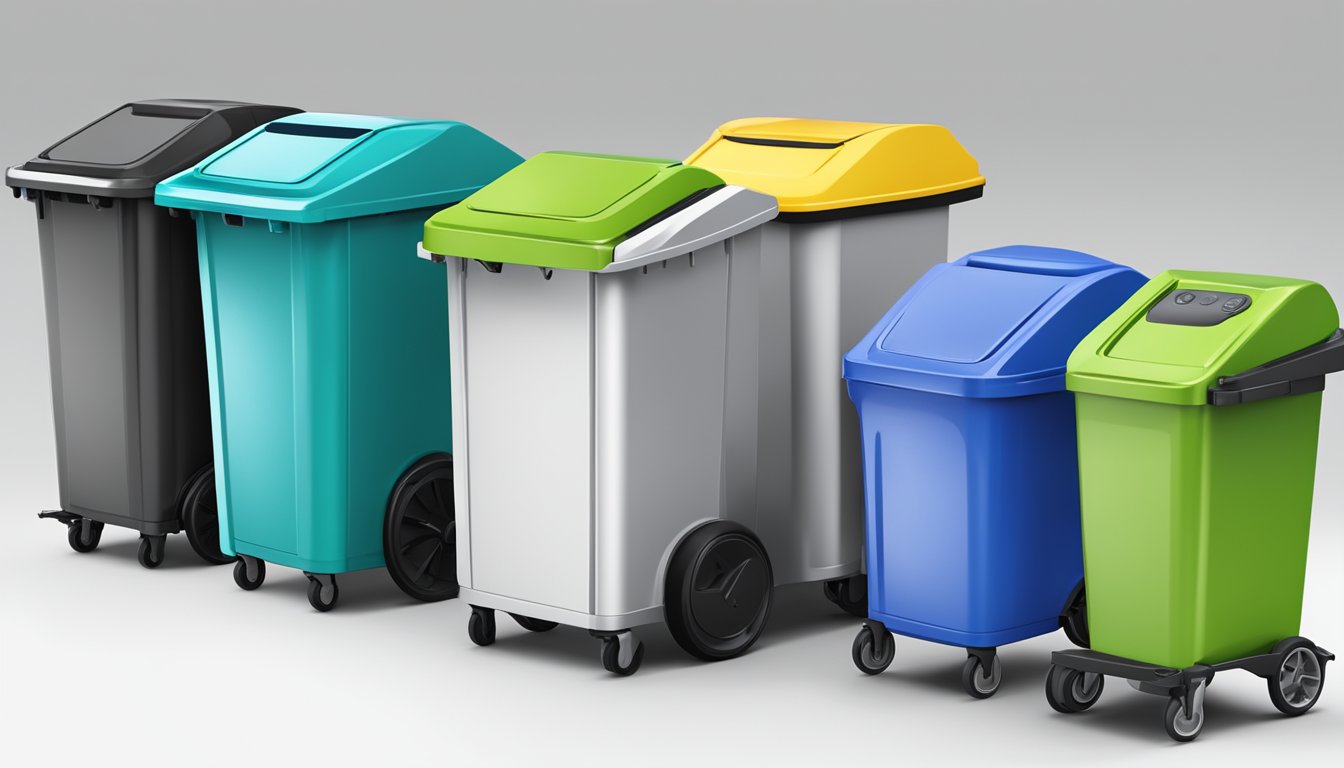 A row of different types of dustbins lined up, including open-top, pedal-operated, and sensor-activated bins. Various features such as wheels, handles, and different colors are visible