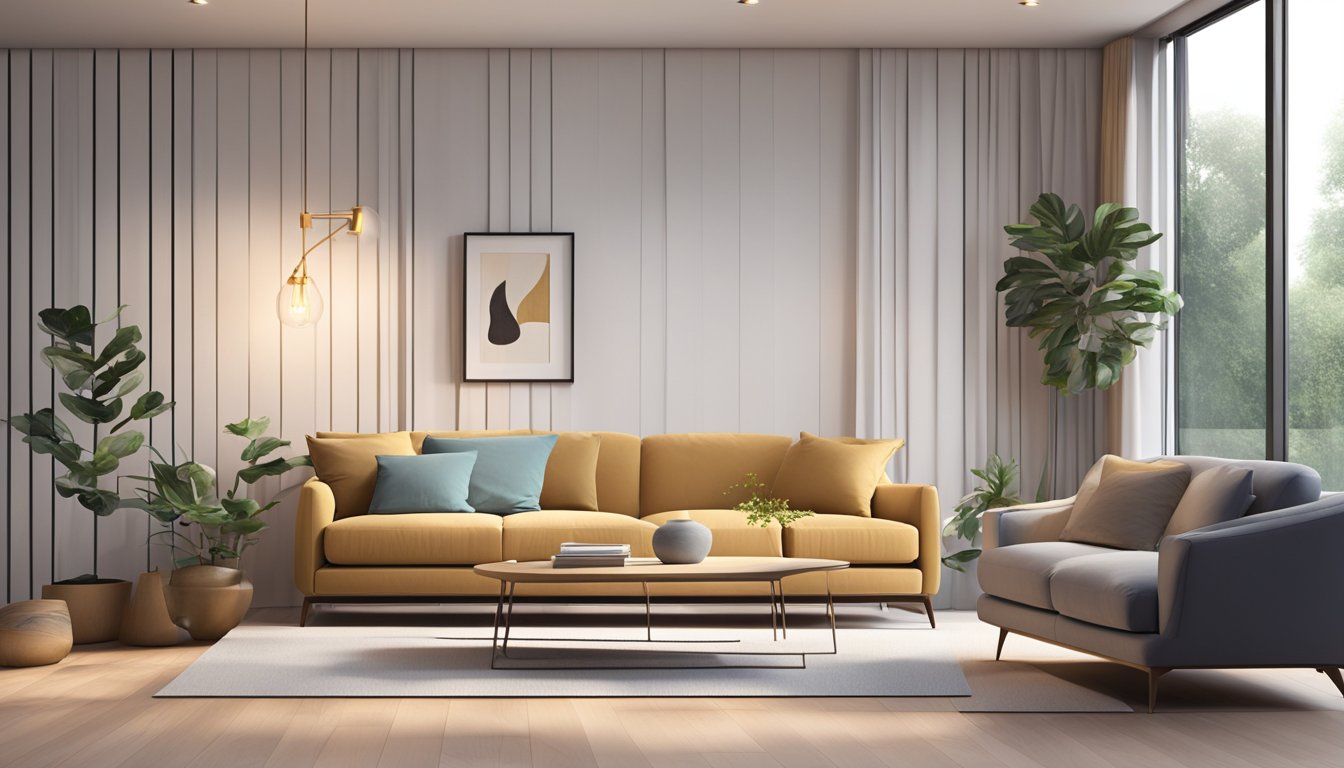 A cozy living room with a sleek, modern sofa as the centerpiece. Soft lighting and minimalist decor create a welcoming atmosphere