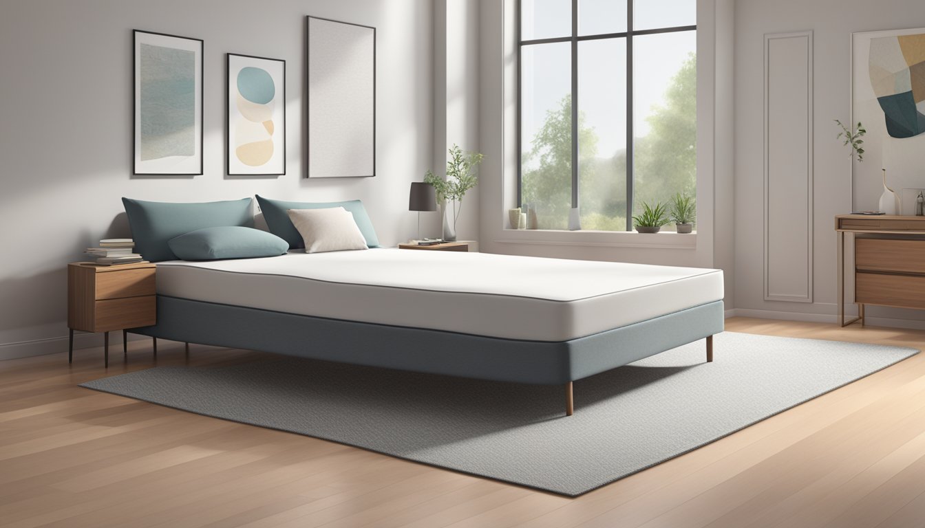 A single mattress (39" x 75") sits alone in a minimalist bedroom, surrounded by clean, uncluttered space