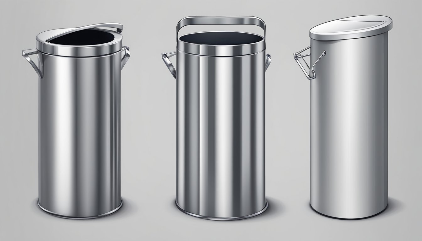 A hand reaches for a sleek, stainless steel dustbin among a row of various options, carefully considering the size and design