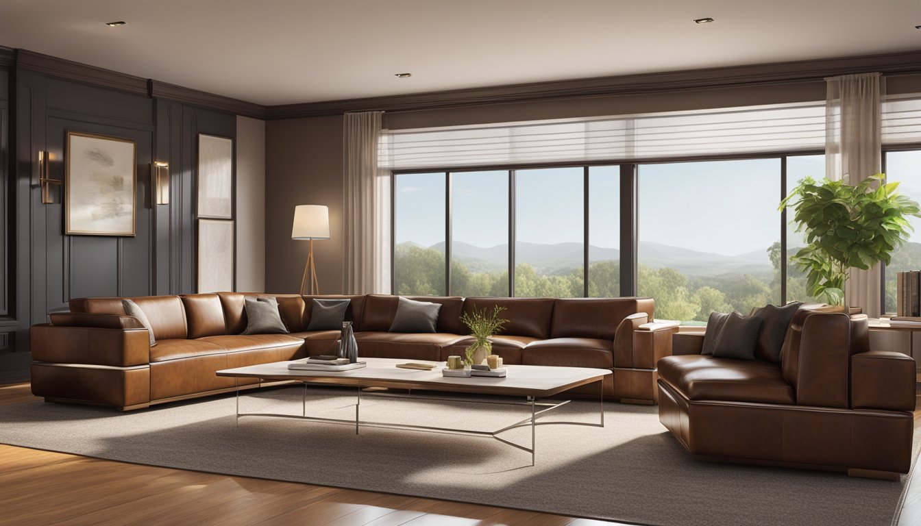 A leather sofa sits in a modern living room, bathed in natural light from a nearby window. The sleek design and rich brown color give the room a sense of luxury and comfort