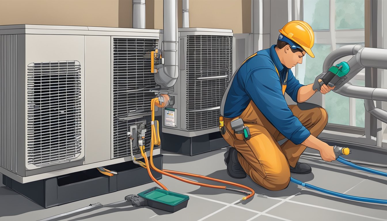 An air conditioning technician performing maintenance on a unit, checking filters and cleaning coils for optimal performance