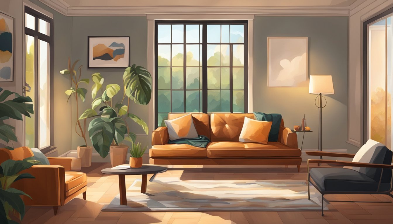 A cozy living room with a leather sofa as the focal point, bathed in warm natural light from a nearby window, inviting relaxation and comfort