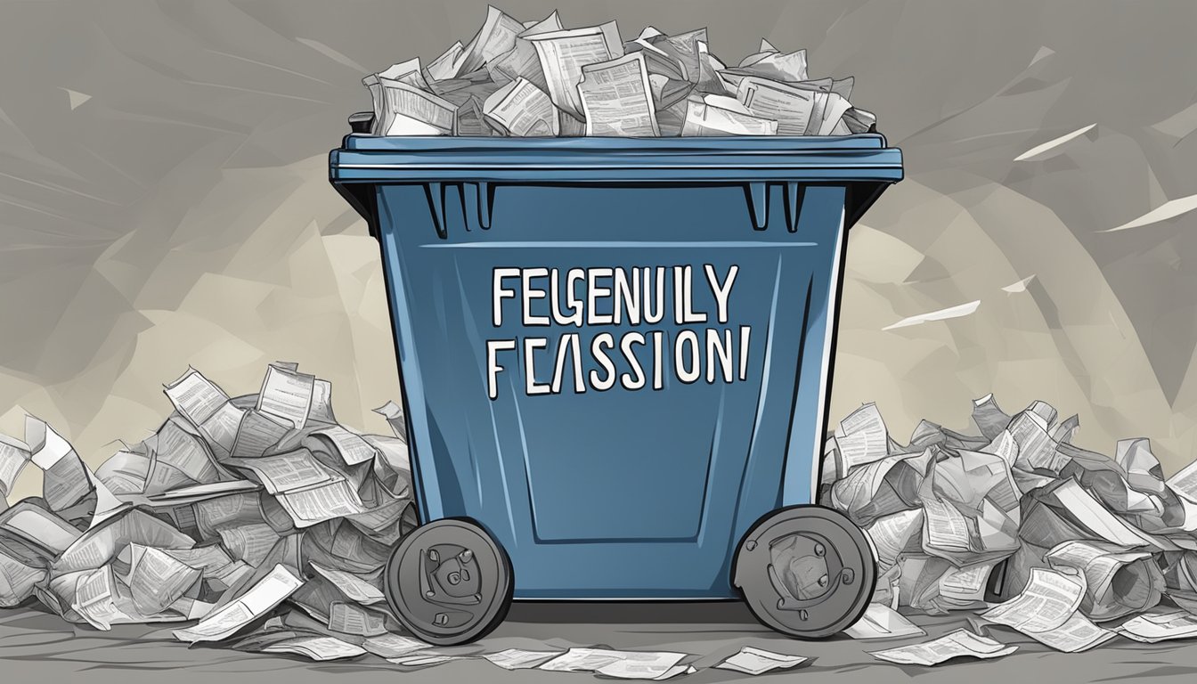 A metal bin labeled "Frequently Asked Questions" overflows with crumpled paper and discarded printouts