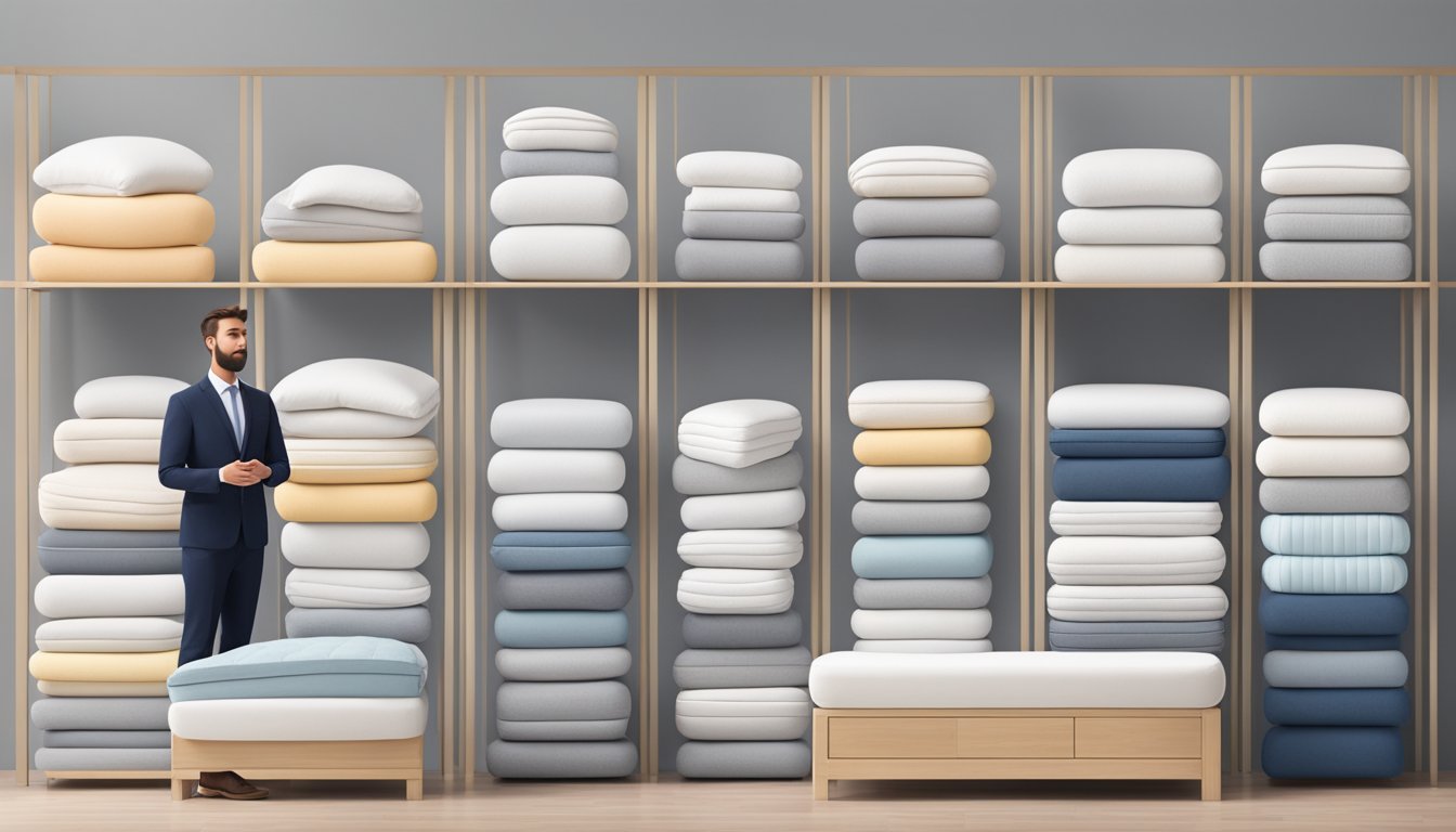 A person standing in front of a variety of single mattress sizes, comparing their features and firmness levels before making a decision
