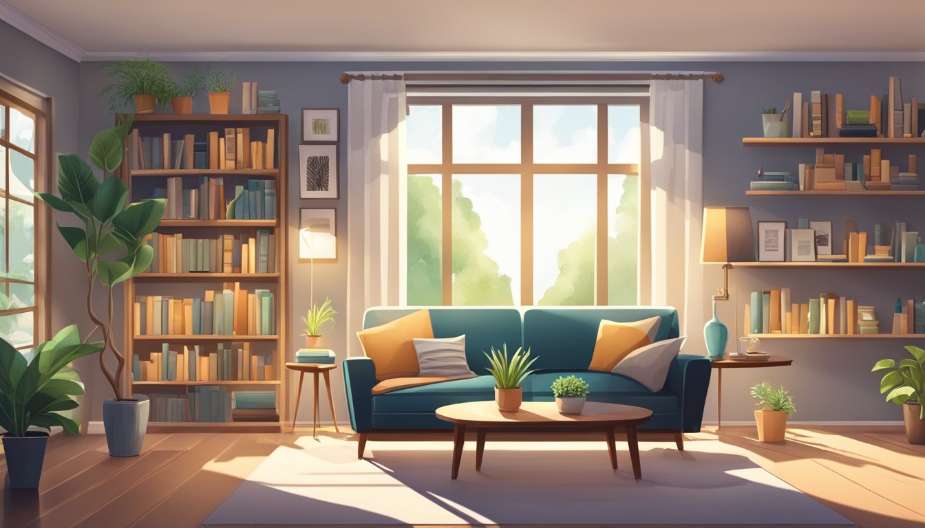 A cozy living room with a modern sofa, surrounded by shelves of books and a potted plant. The room is well-lit with natural sunlight streaming in from the window