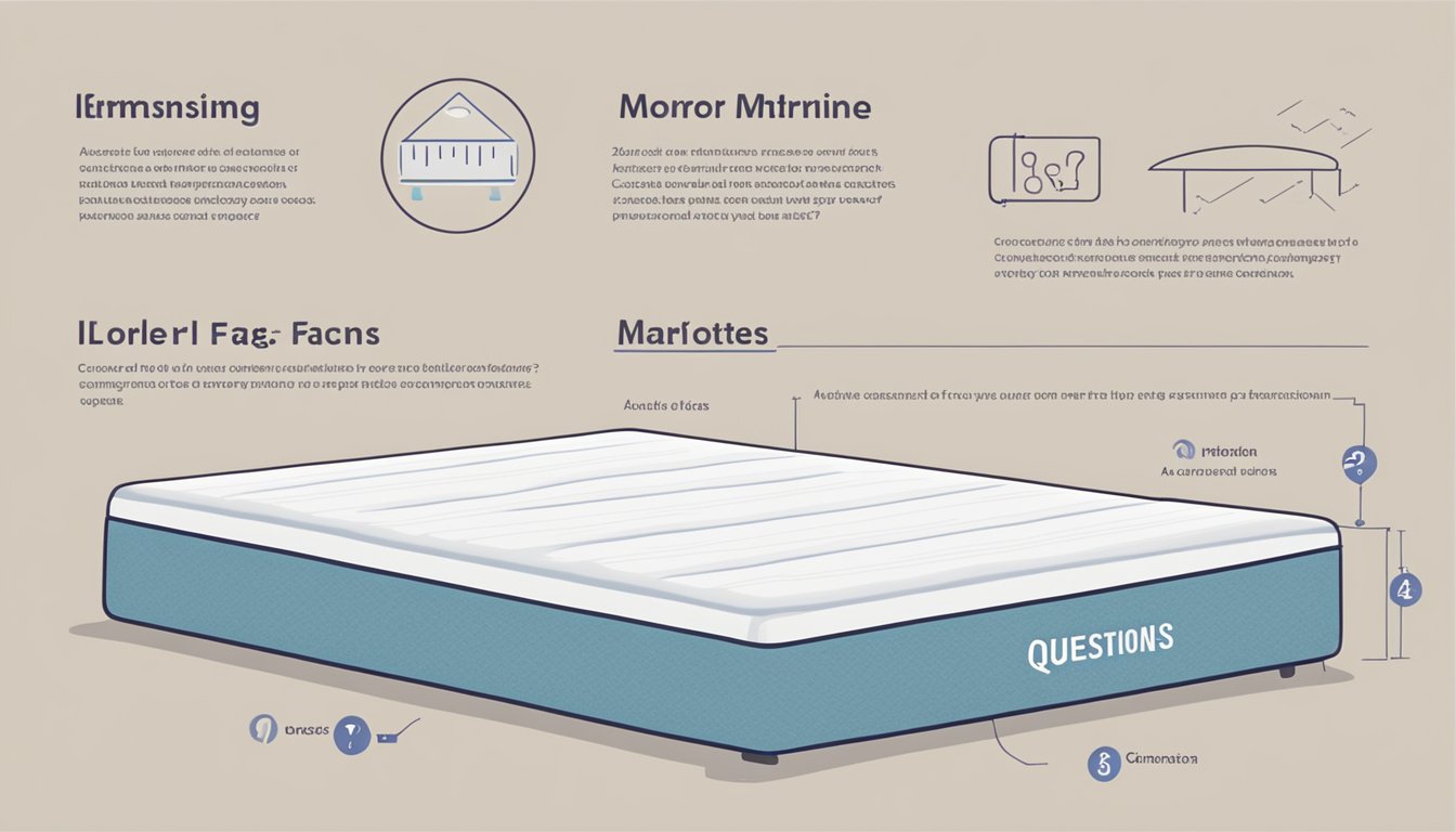 A single mattress with dimensions labeled, surrounded by question marks and a list of common FAQs