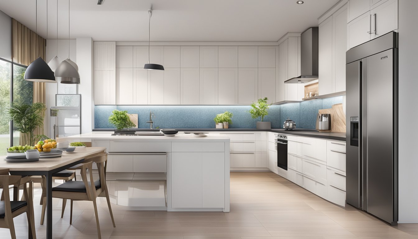 A modern kitchen with sleek white cabinets and stainless steel appliances in a spacious Singaporean home