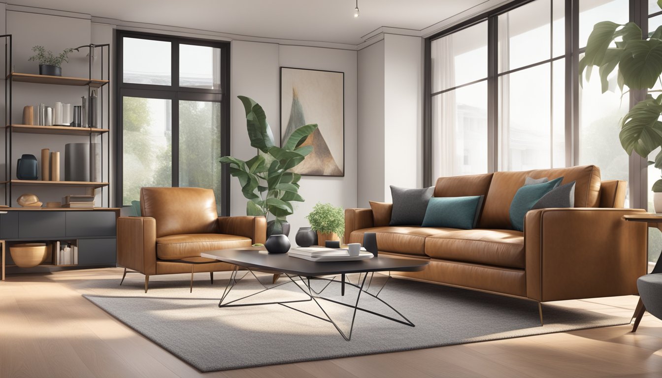 A sleek leather sofa sits in a modern living room, surrounded by stylish decor and functional furniture