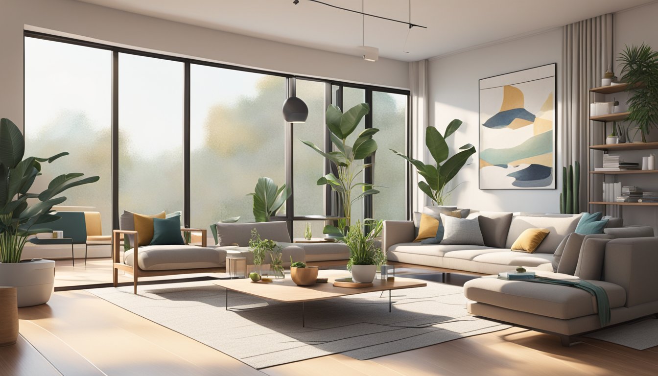 A modern living room with sleek furniture, vibrant plants, and natural light streaming in through large windows. The space is adorned with minimalist decor and stylish accents, creating a tranquil and inviting atmosphere