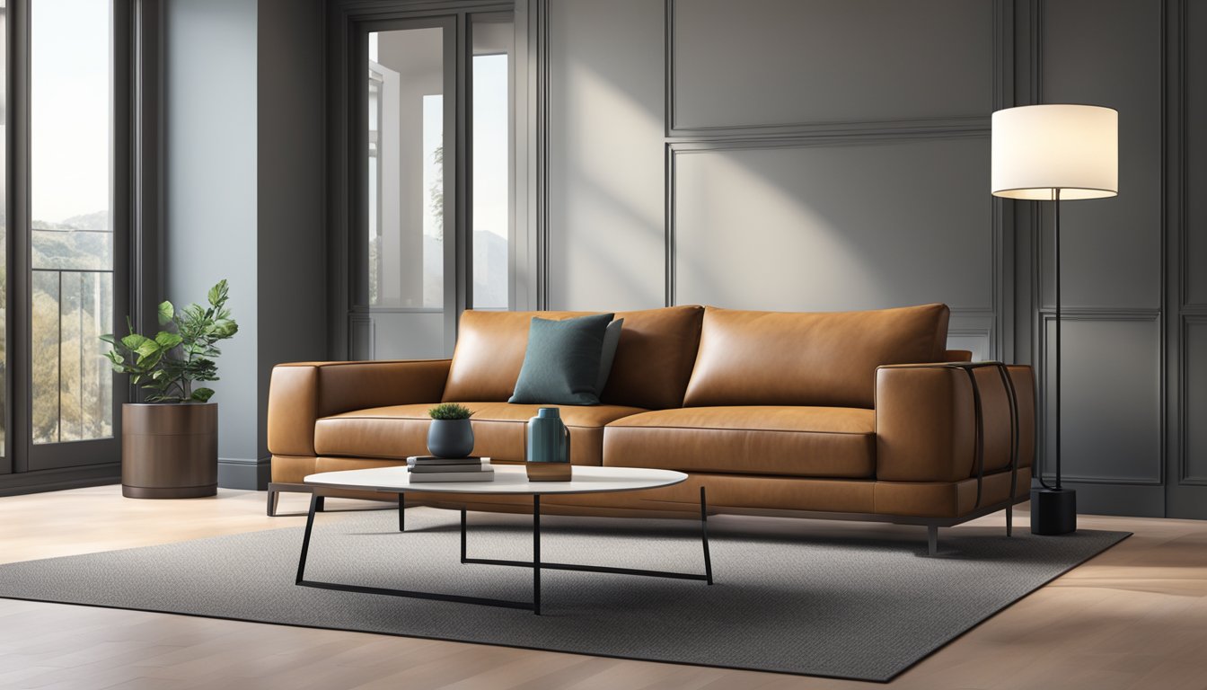 A leather sofa in a modern living room, with a sleek design and comfortable cushions. The room is well-lit, with a minimalist aesthetic