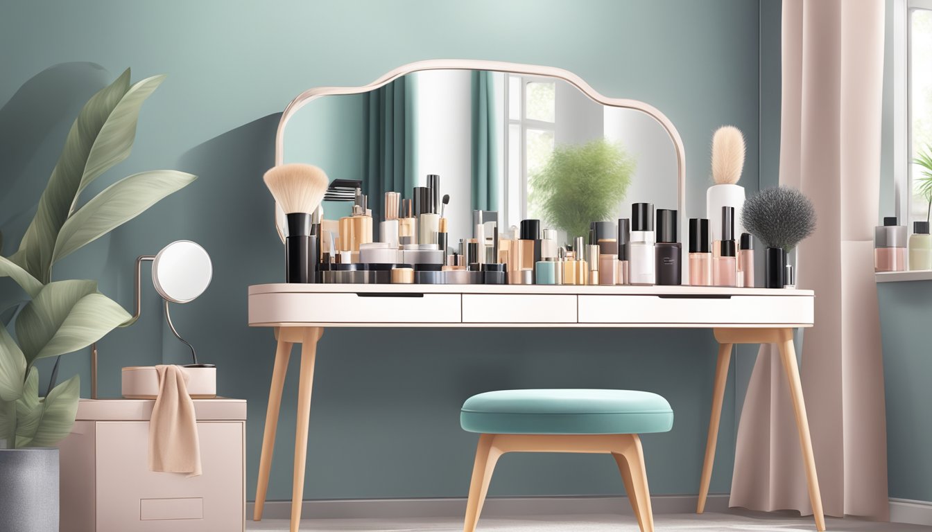 A sleek, modern dressing table in a well-lit room with a large mirror, a variety of cosmetics neatly arranged, and a plush stool