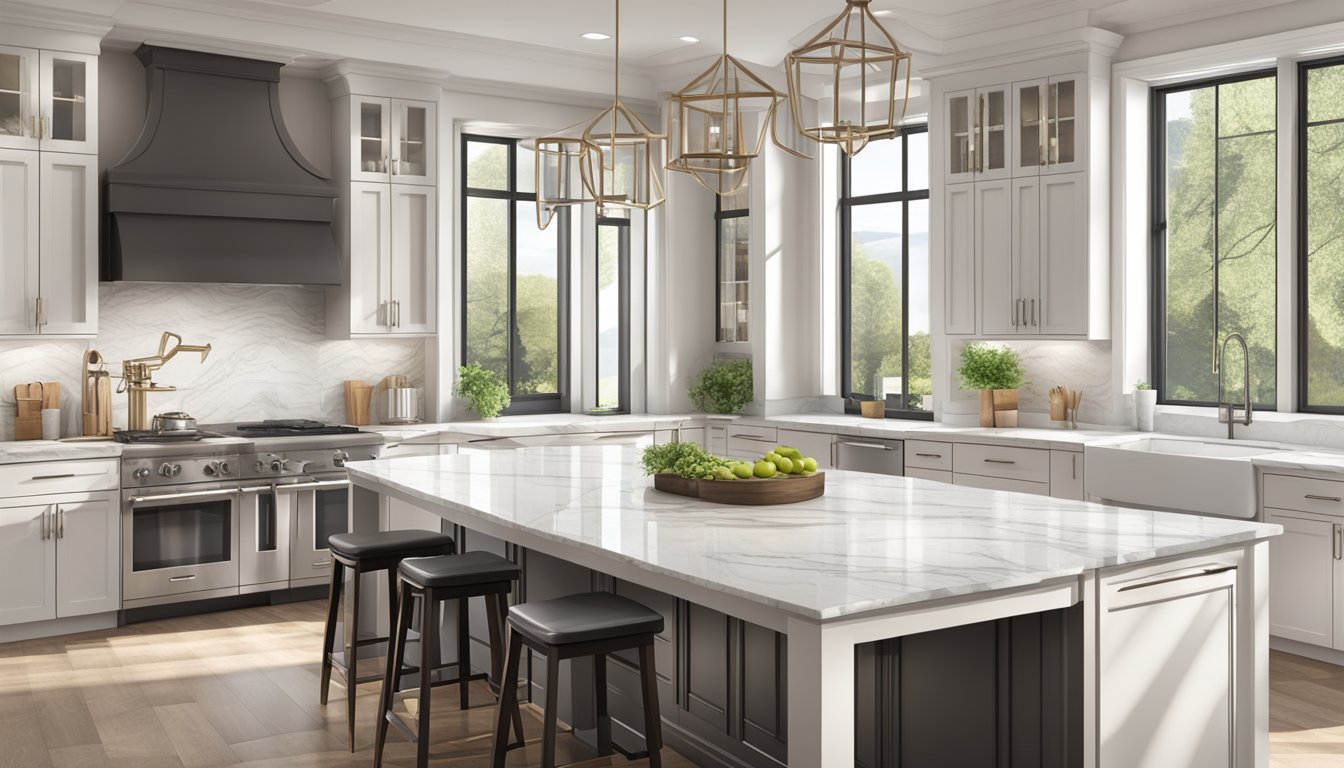 A spacious, modern kitchen with sleek, white cabinets and marble countertops. A large island with bar stools. Natural light floods in through large windows