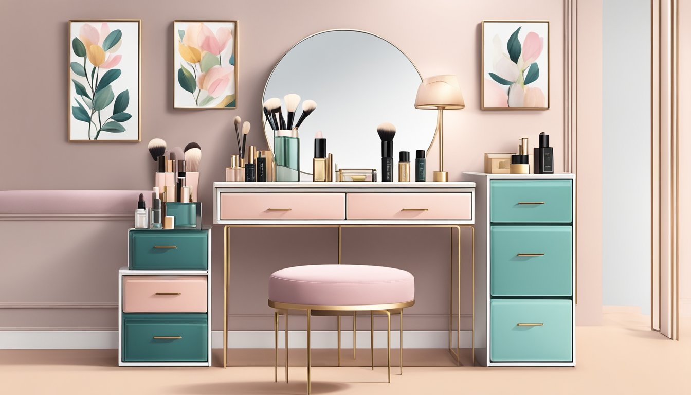 A sleek, modern dressing table with a large mirror, organized compartments, and a soft, cushioned stool. The table is adorned with elegant accessories and makeup products neatly displayed