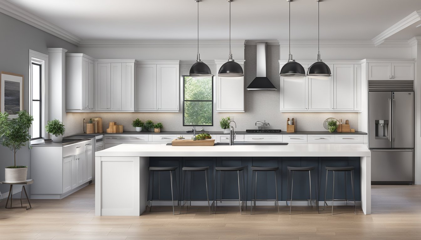 A modern kitchen with sleek, white cabinets and stainless steel appliances. Clean lines and minimalistic design