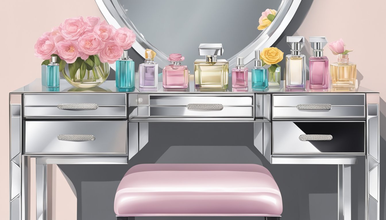 A sleek, modern dressing table adorned with a mirrored tray holding perfume bottles, a jewelry box, and a vase of fresh flowers